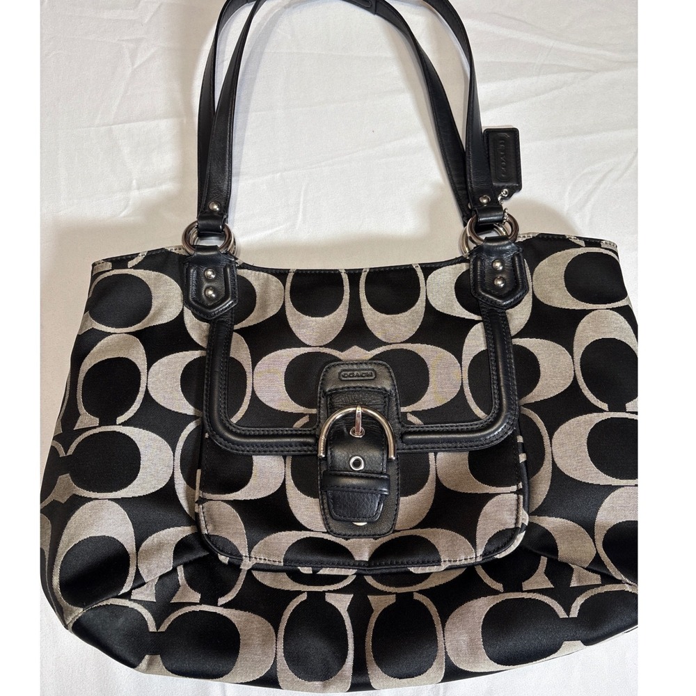 Coach Signature C Black Silver Jacquard Leather Tote Shoulder Bag F25294